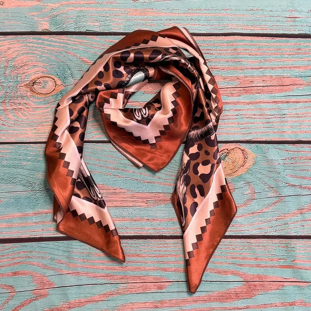 Western Longhorn Print Silky Wild Rag | 36x36 | Mocha & Turquoise